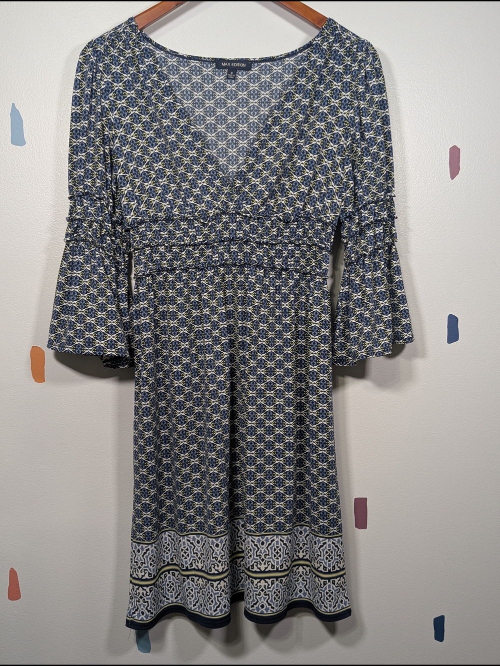 Max Edition Blue Patterned V-Neck Mini Dress